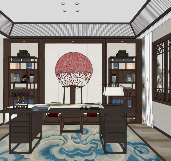 新中式古典实木家具书房su草图模型下载