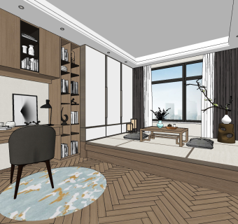 现代loft样板间榻榻米书房su草图模型下载