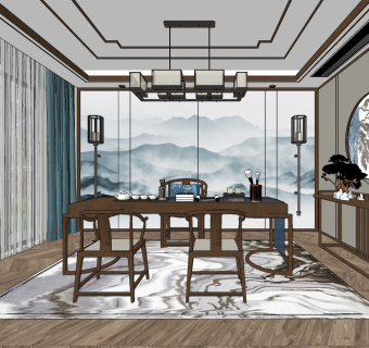 新中式书房su草图模型下载