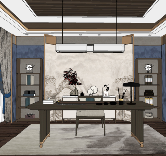 新中式轻奢书房su草图模型下载