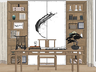 新中式实木书房书桌椅su草图模型下载