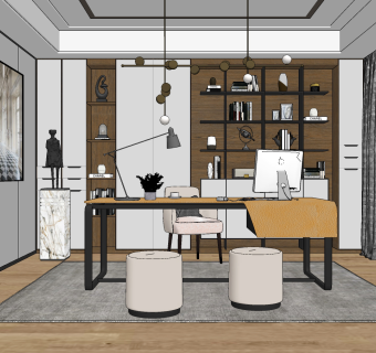 现代轻奢书房su草图模型下载