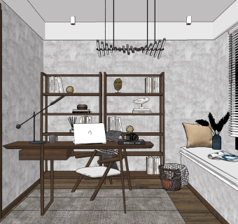 北欧侘寂书房su草图模型下载