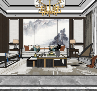 新中式轻奢客厅餐厅su草图模型下载