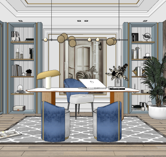 美式欧式简约书房su草图模型下载