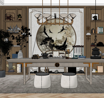 新中式书房su草图模型下载