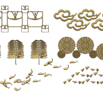 现代金属树叶鱼小鸟祥云墙饰挂件su草图模型下载