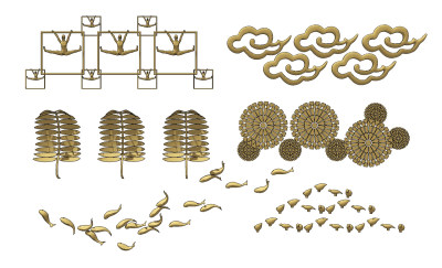 现代金属树叶鱼小鸟祥云墙饰挂件su草图模型下载