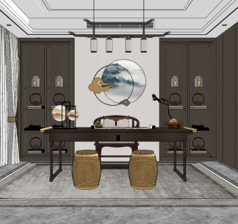 新中式书房su草图模型下载