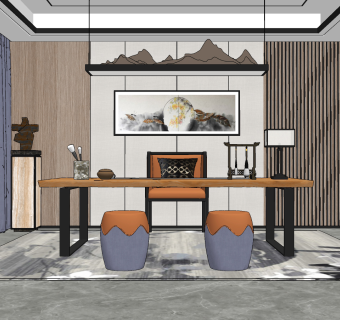 新中式书房su草图模型下载