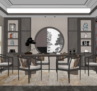 新中式书房su草图模型下载