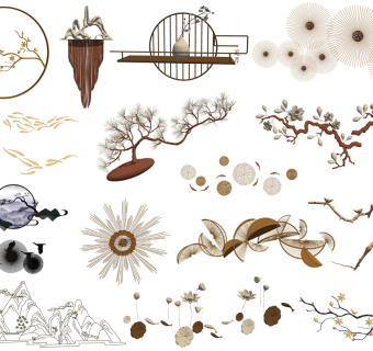 01新中式假山树枝墙饰挂件荷花 (1)su草图模型下载