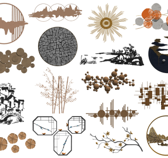01新中式金属墙饰挂件树枝、竹子 (1)su草图模型下载