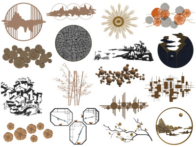 01新中式金属墙饰挂件树枝、竹子 (1)su草图模型下载
