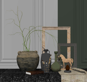 现代花瓶相框雕塑摆件陶罐笔筒、相框、画框、马 su草图模型下载