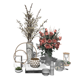 现代花瓶艺术摆件鲜花、玫瑰、沙漏、书、多肉 su草图模型下载