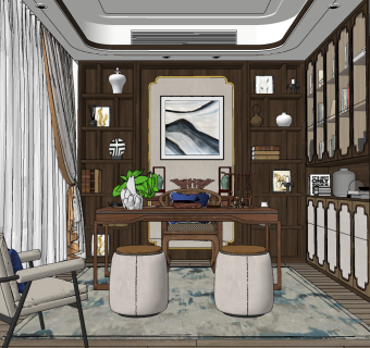 新中式书房su草图模型下载