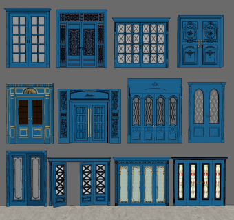 欧式蓝色欧式雕花玻璃门大门su草图模型下载