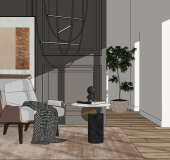 现代布艺休闲椅，圆形边几,绿植吊灯,摆件su草图模型下载