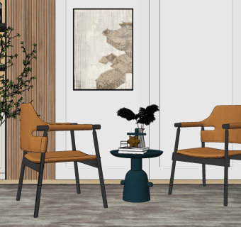 现代皮革休闲椅角几组合su草图模型下载