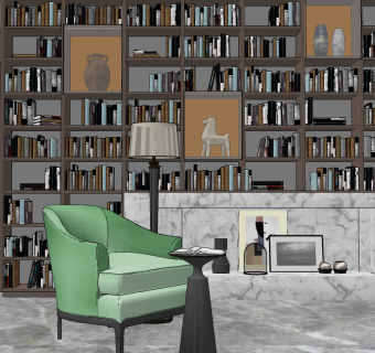 现代绒布休闲椅书柜组合su草图模型下载