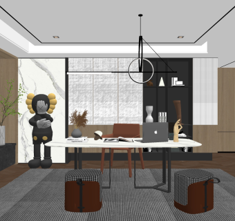 现代轻奢书房su草图模型下载