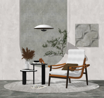 现代布艺休闲椅，圆形边几组合su草图模型下载