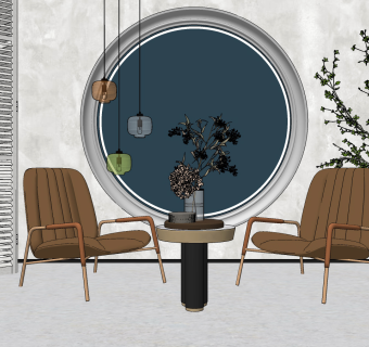 现代绒布休闲椅圆形边几组合su草图模型下载