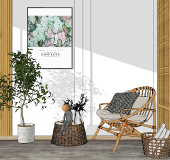 北欧竹现代藤编户外编休闲椅边几盆栽组合su草图模型下载