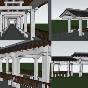 中式古建唐式风格长廊凉亭廊架长廊su草图模型下载