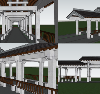 中式古建唐式风格长廊凉亭廊架长廊su草图模型下载