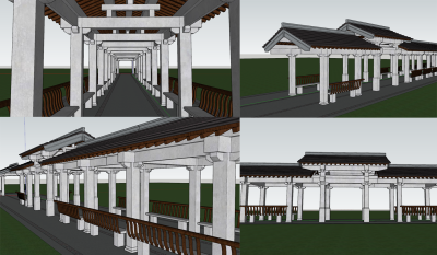 中式古建唐式风格长廊凉亭廊架长廊su草图模型下载