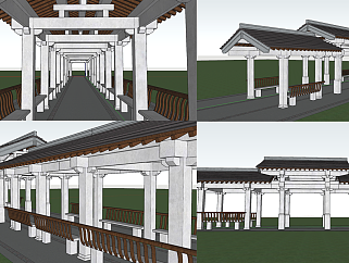 中式古建唐式风格长廊凉亭廊架长廊su草图模型下载
