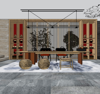 新中式茶室su草图模型下载