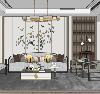 新中式客厅su草图模型下载