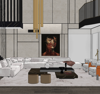 现代绒布转角沙发,单人沙发组合su草图模型下载