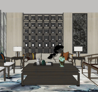 新中式实木沙发，圈椅组合su草图模型下载