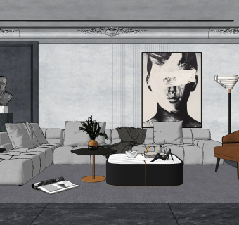 现代布艺转角沙发，椅子组合su草图模型下载