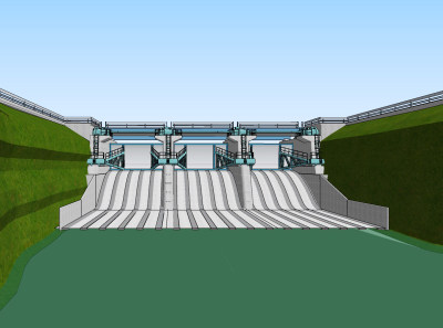 现代堤坝 ,水库 ，水闸su草图模型下载