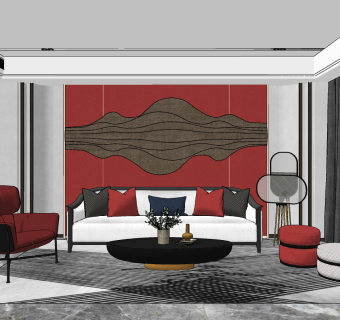 新中式布艺沙发su草图模型下载