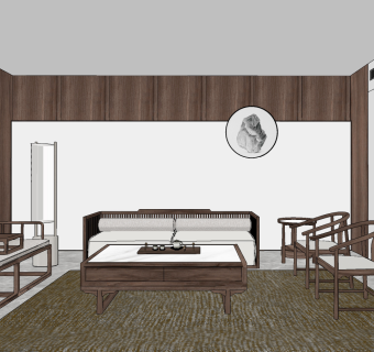 新中式古典实木家具沙发su草图模型下载