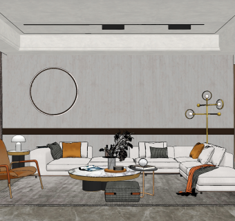 现代布艺转角沙发，单人休闲椅组合su草图模型下载