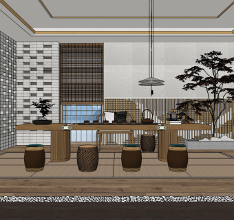 新中式茶室su草图模型下载