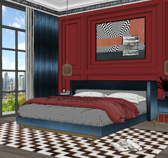 美式卧室绒布双人床su草图模型下载