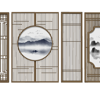新中式日式屏风隔断，花格su草图模型下载