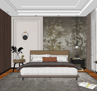 现代复古主卧,su草图模型下载