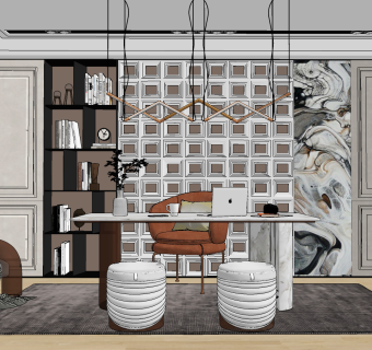 现代轻奢书房su草图模型下载