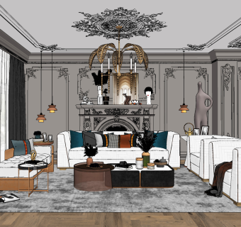 法式欧式轻奢客厅 su草图模型下载