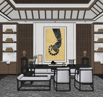 新中式茶室书房,su草图模型下载