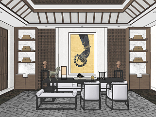 新中式茶室书房,su草图模型下载